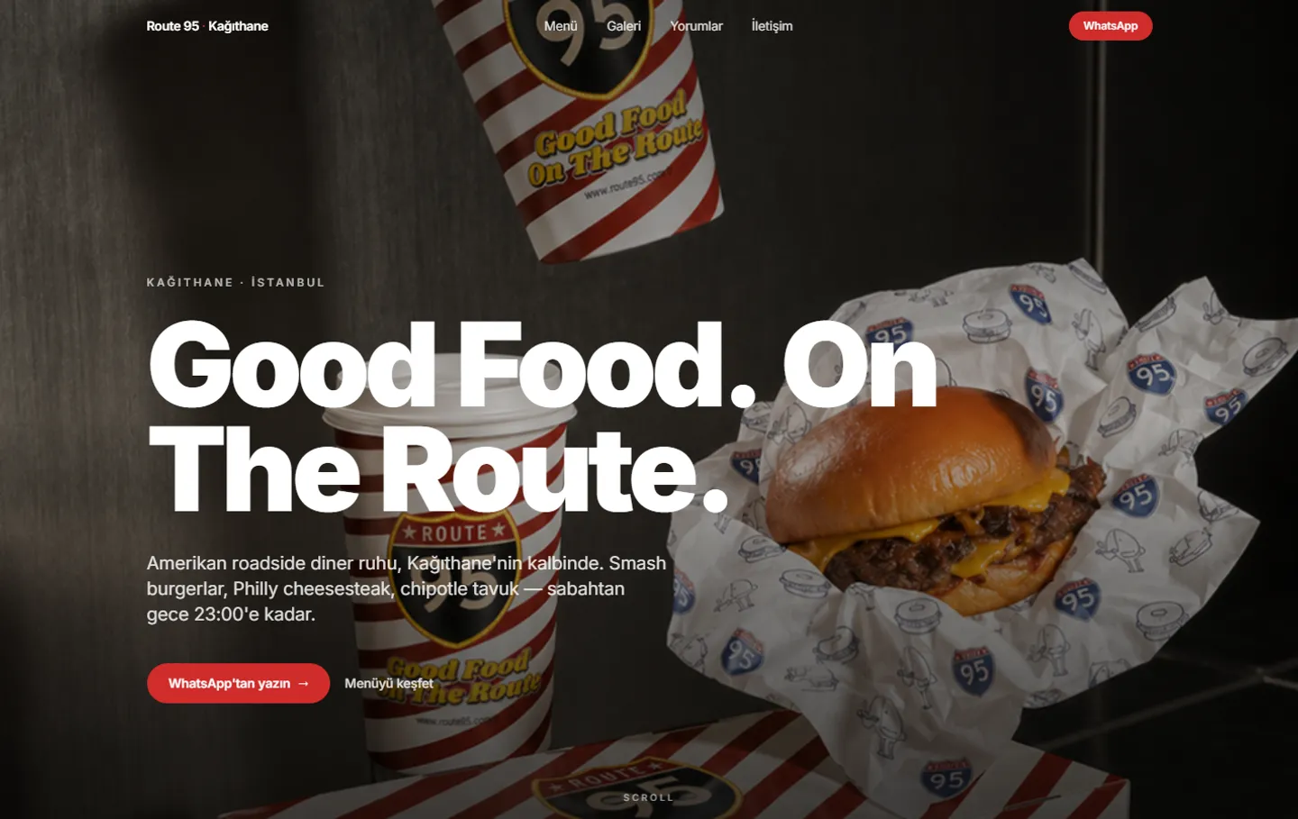 Page d'accueil du site du restaurant Route 95 sur ordinateur : titre « Good Food. On The Route. » sur une photo de produits