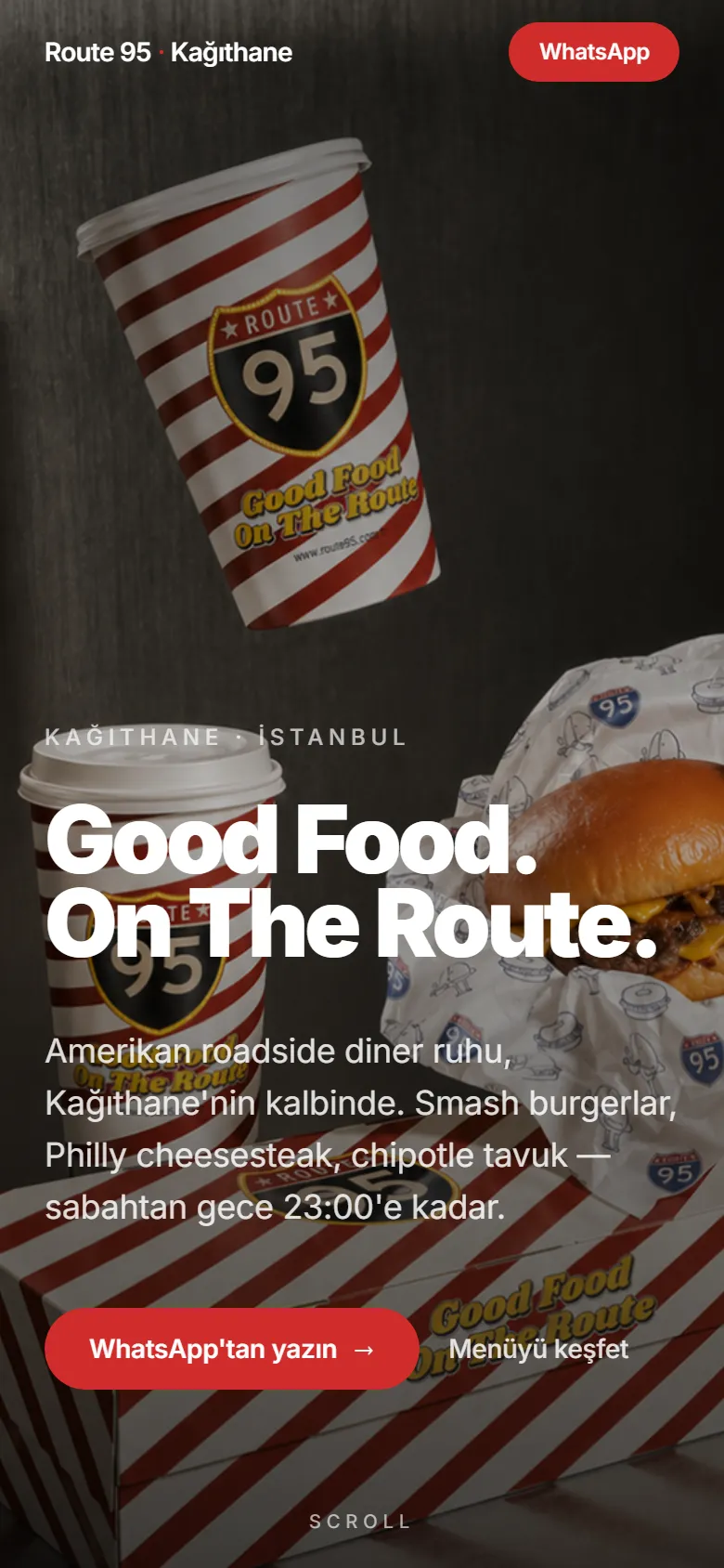 Page d'accueil du site du restaurant Route 95 sur téléphone, avec le bouton WhatsApp